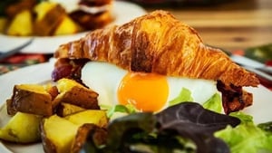 Smoked bacon and egg croissants with red pepper relish