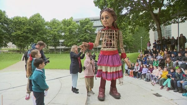 Little Amal, a puppet representing a refugee child, in Dublin.