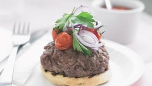 Inverted Blue Cheeseburger with Roasted Tomatoes and Red Onion Salad