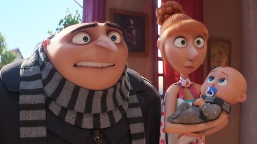 Steve Carell as Gru, Kristen Wiig as Lucy and new arrival Gru Jr in Despicable Me