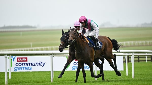 Bluestocking, with Rossa Ryan up, right, on their way to winning the Cairn Community Games Pretty Polly Stakes G1