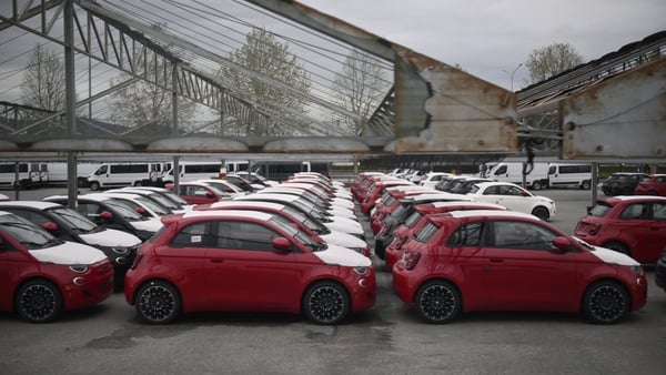 New electric and hybrid cars parked at the Stellantis plant in Turin