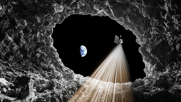 The passage lies beneath a pit about 100 metres wide in the moon's Sea of Tranquillity ( Pic: University of Trento, artist's impression of the lunar pit)