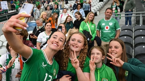 Anna Patten (L) poses for a selfie with fans at Páirc Uí Chaoimh